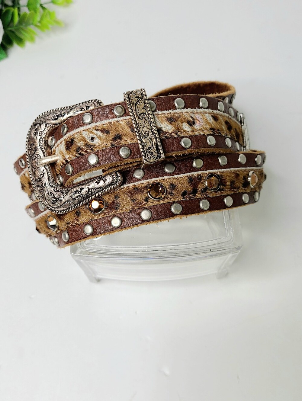 Leatherock Calf Hair Leopard Print Studded Genuine Leather Belt